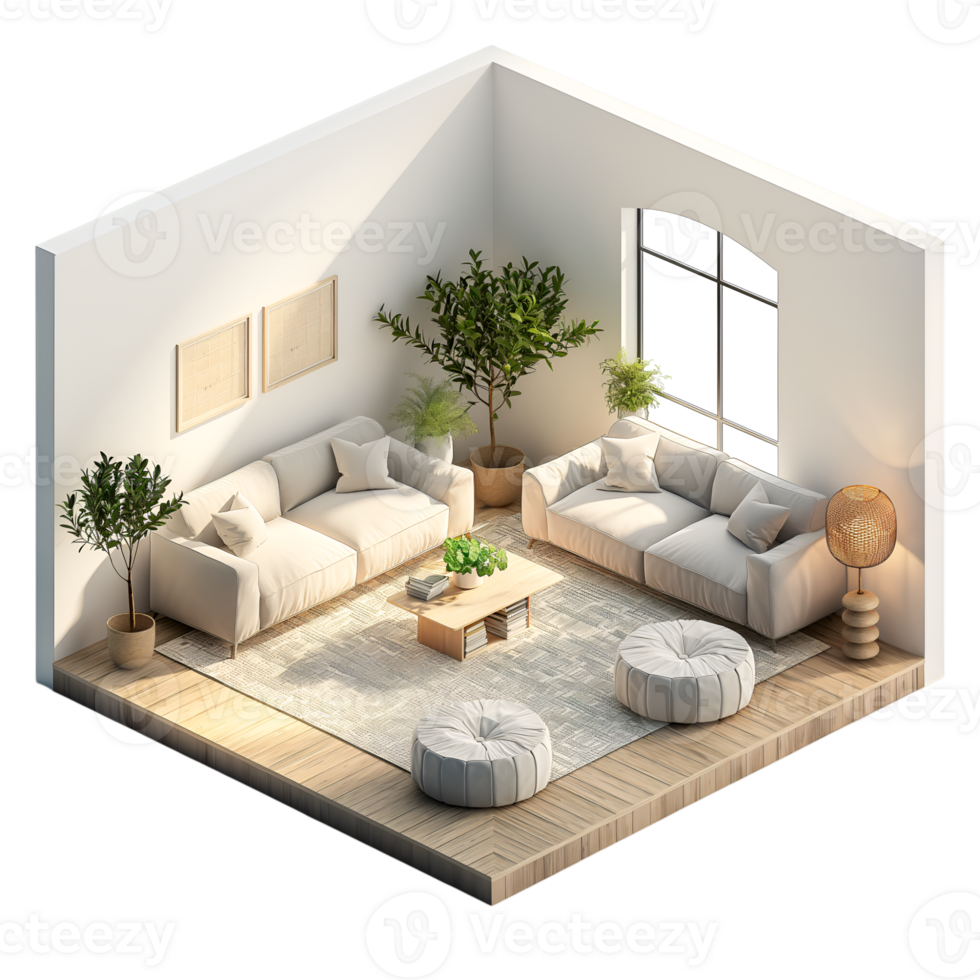 AI generated living room ,isometric on transparent background png