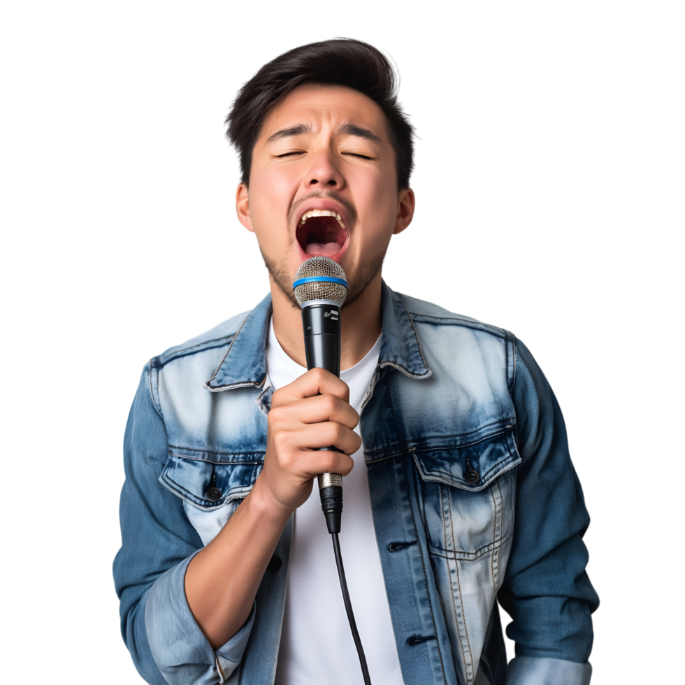 ai generado chico canta karaoke en transparente antecedentes png