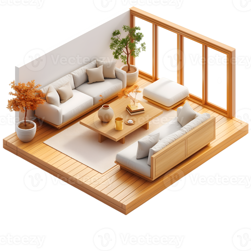AI generated living room ,isometric on transparent background png