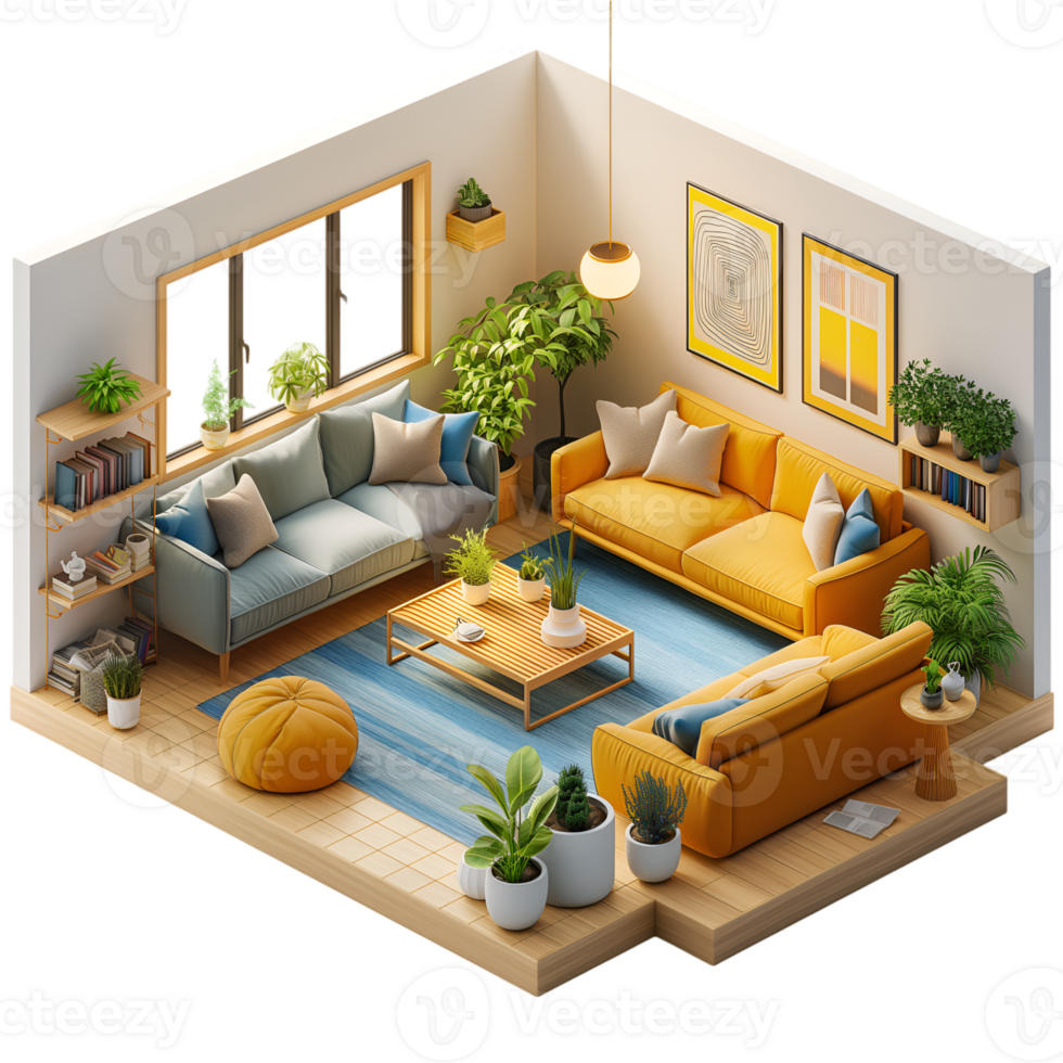AI generated living room ,isometric on transparent background png