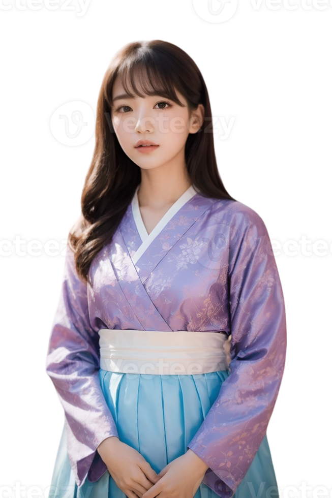 ai generado asiático mujer vistiendo kimono en transparente antecedentes png