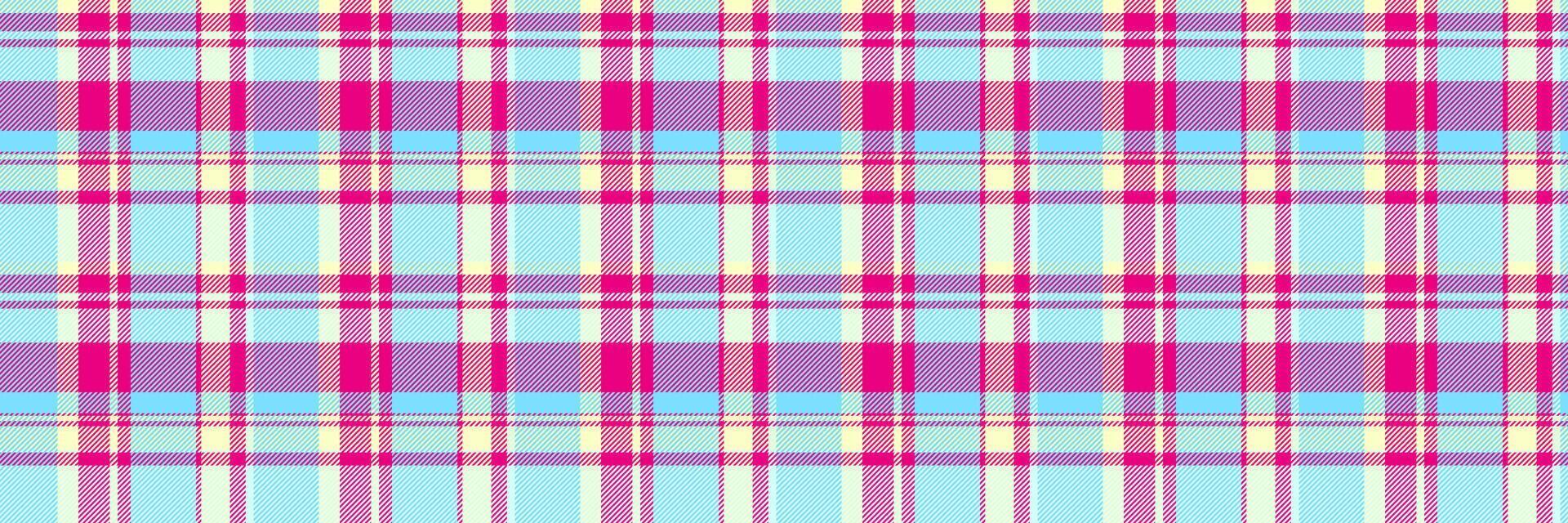 Bandana check plaid texture, regular tartan textile pattern. Stitch seamless vector fabric background in cyan and mexican pink colors.