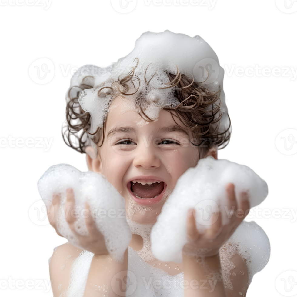 AI generated child with bath foam on transparent background png