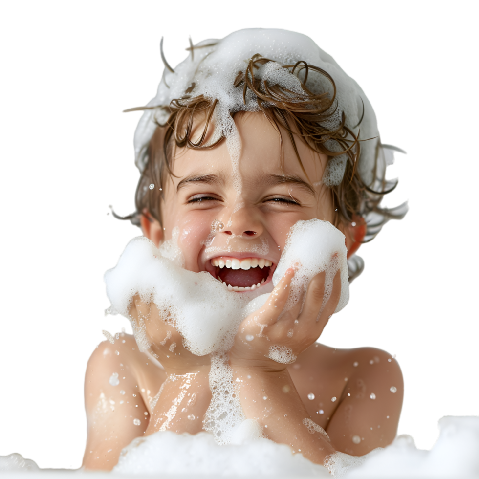 ai generado niño con bañera espuma en transparente antecedentes png