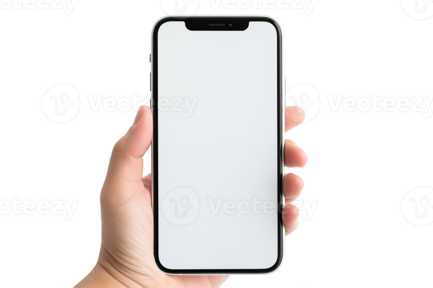 AI generated Mockup, female hand using mobile phone on transparent background, white blank screen for text, mobile app design and advertising, online marketing png