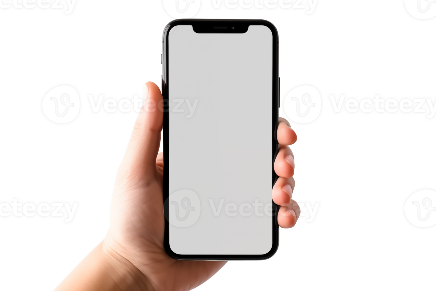 AI generated Mockup, female hand using mobile phone on transparent background, white blank screen for text, mobile app design and advertising, online marketing png
