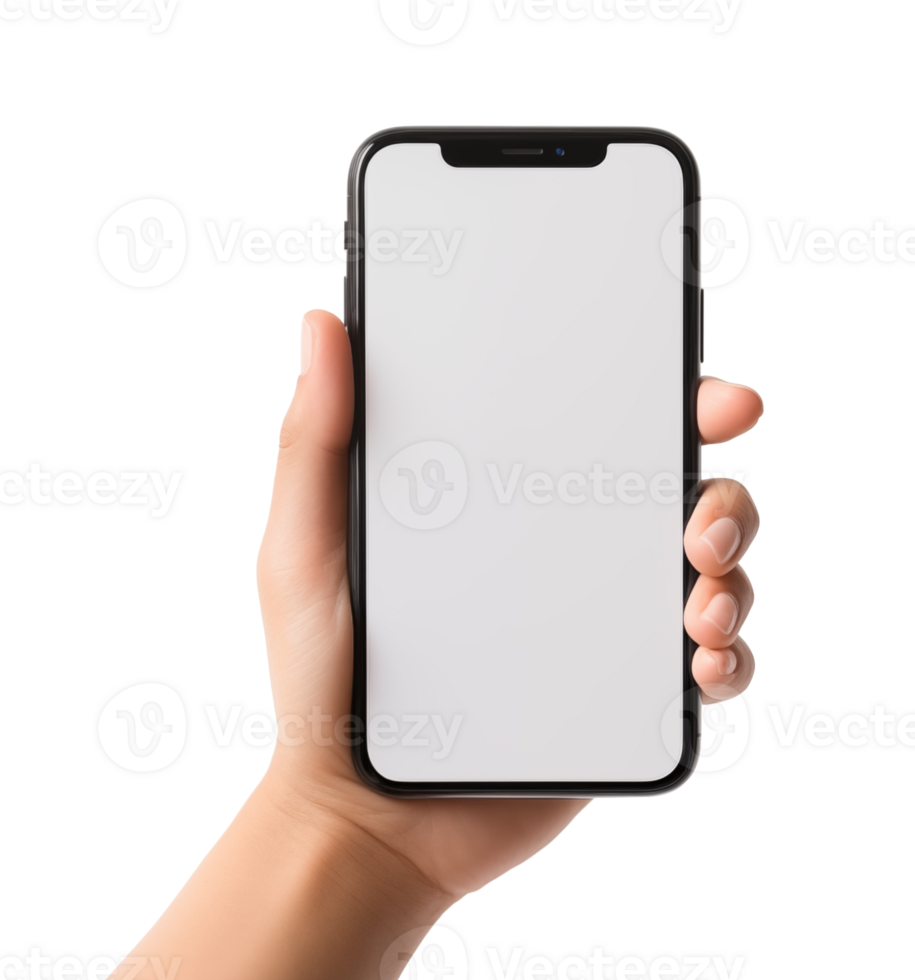 AI generated Mockup, female hand using mobile phone on transparent background, white blank screen for text, mobile app design and advertising, online marketing png