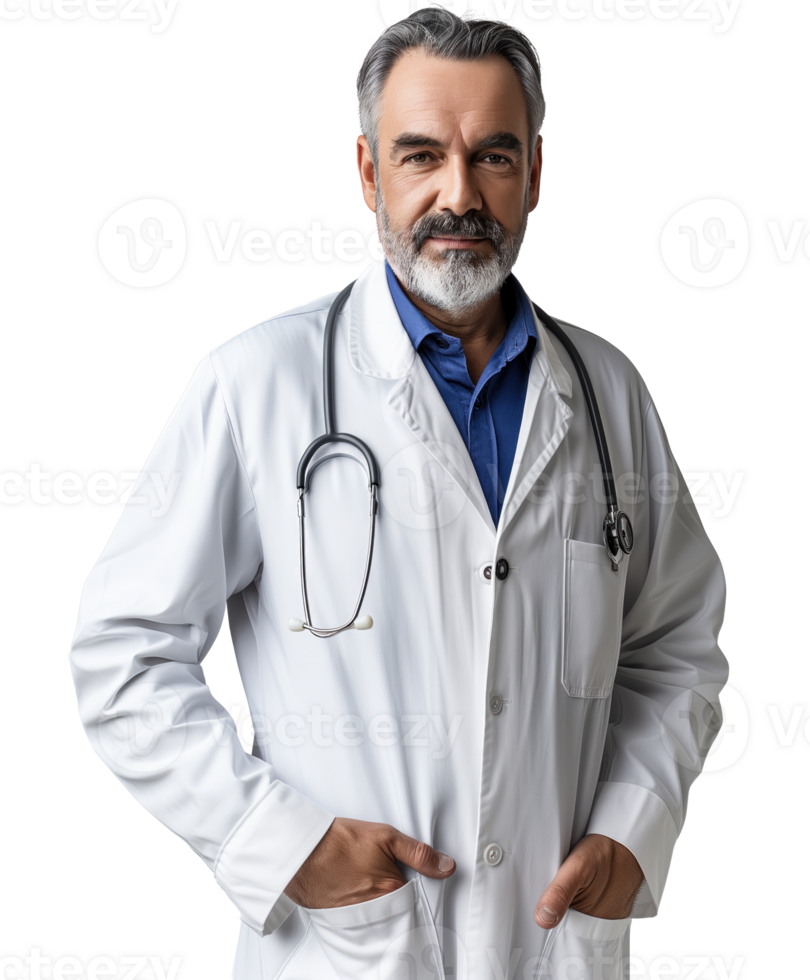 AI generated Mature doctor posing and smiling at camera, healthcare and medicine on transparent background PNG. png