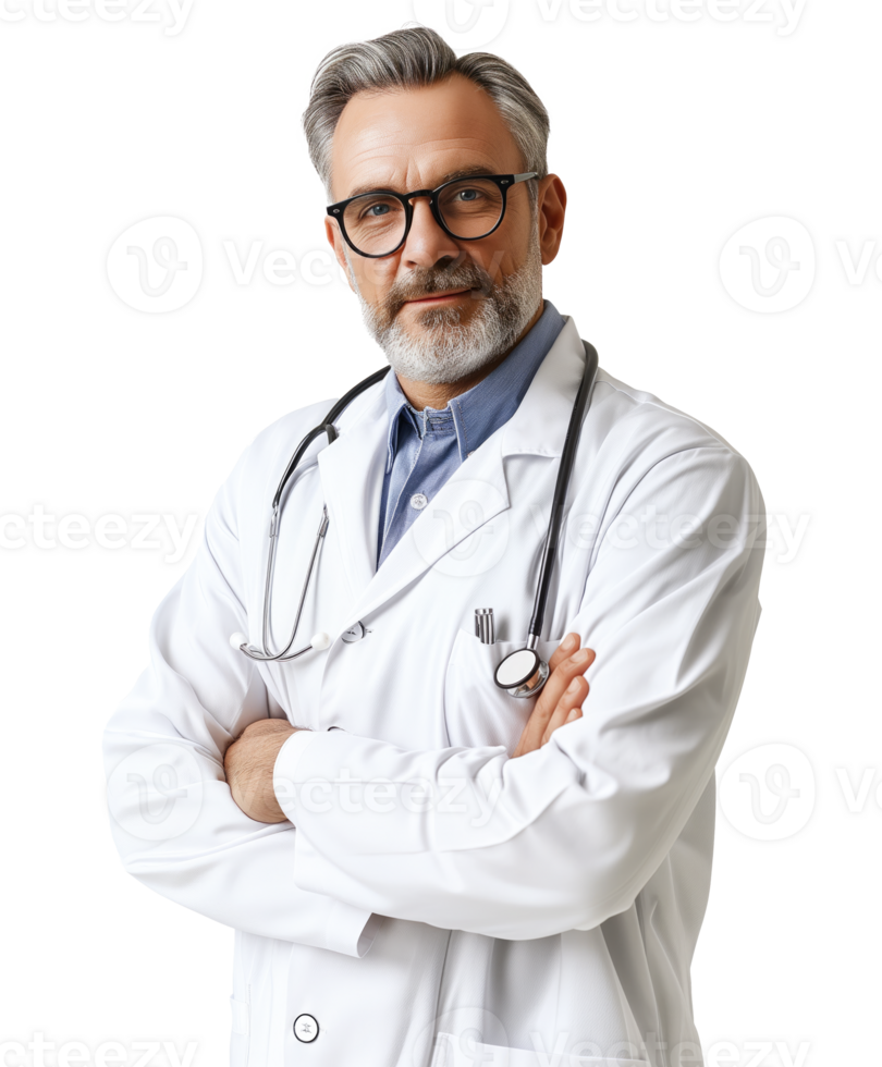 AI generated Mature doctor posing and smiling at camera, healthcare and medicine on transparent background PNG. png
