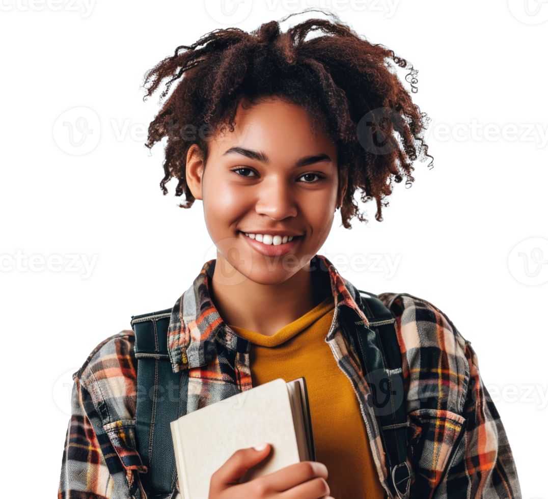 AI generated Female  university student smiling happily on PNG transparent background.