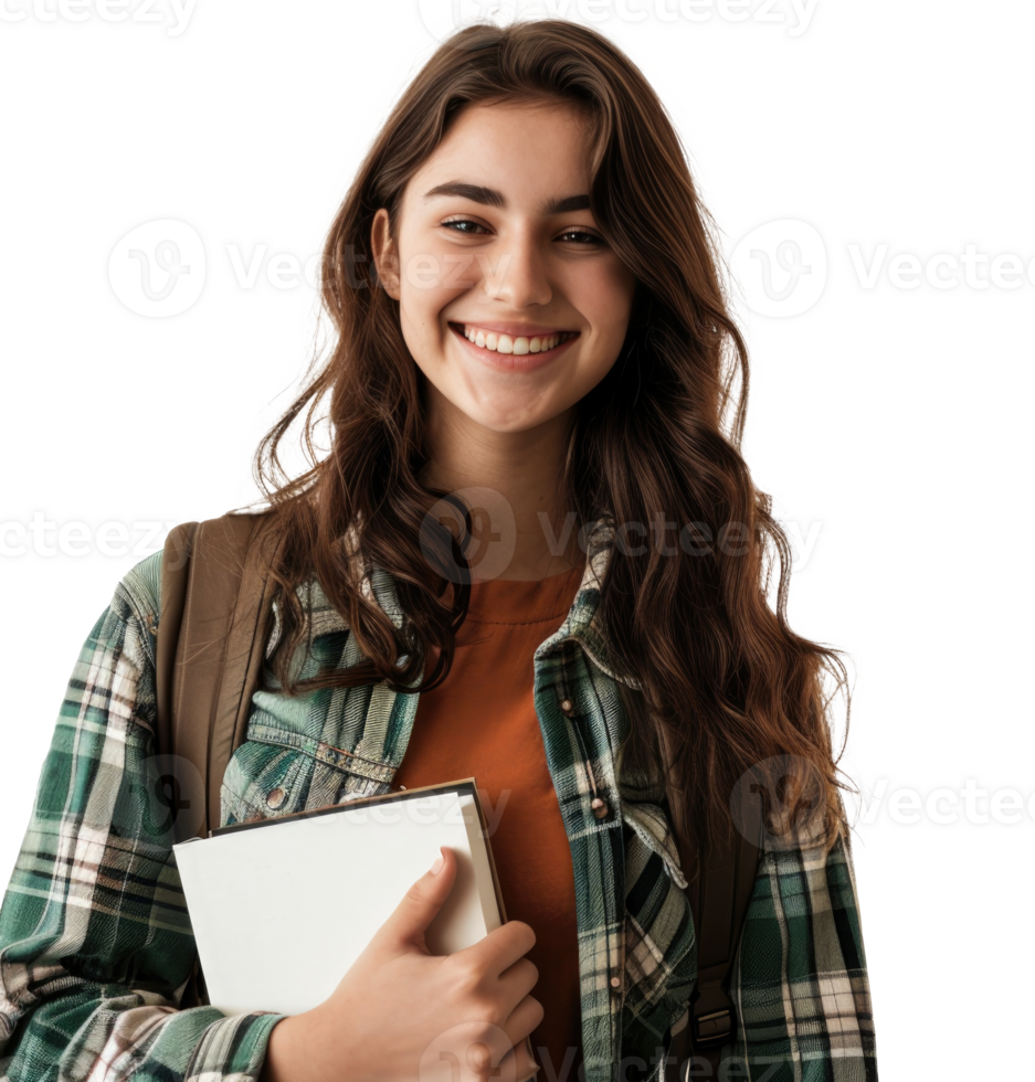 AI generated Female  university student smiling happily on PNG transparent background.