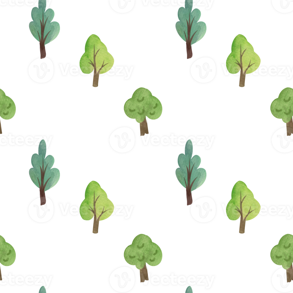 söt vattenfärg barnslig sömlös mönster med träd på transparent bakgrund. mild tapet skriva ut med skog växter för barnkammare png