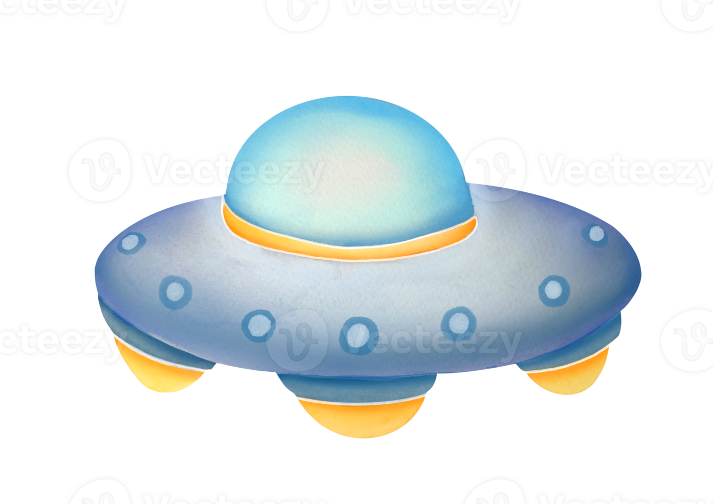 hand målad vattenfärg söt flygande fat. tecknad serie illustration av UFO fartygsisolerade på transparent bakgrund. utomjordisk rymdskepp i blå färger png