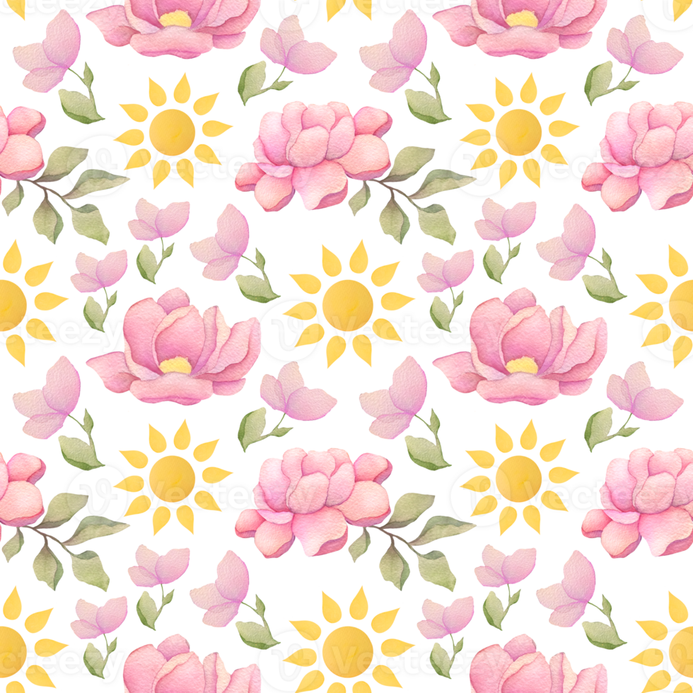 watercolor botanical seamless pattern with garden pink flowers roses, leaves, cartoon sun for summer textile, cover or wallpapers. spring cute yellow childish wallpaper print with nature for nursery png
