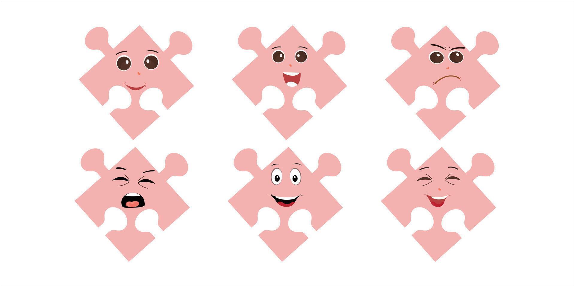 Puzzles faces. Funny bright puzzle pieces characters cute smile or angry face emotion, jigsaw emoji join friends creative shape cartoon mascot concept vector illustration of puzzle expression funny