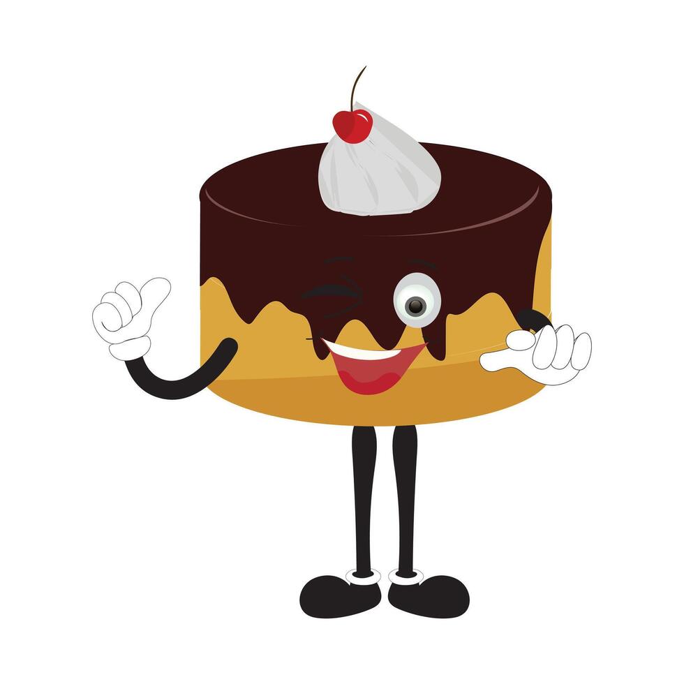 Groovy cake sliced cartoon mascot character with smile. Funny retro birthday cake slice in sneakers, confectionery mascot, Graphic element for website vector