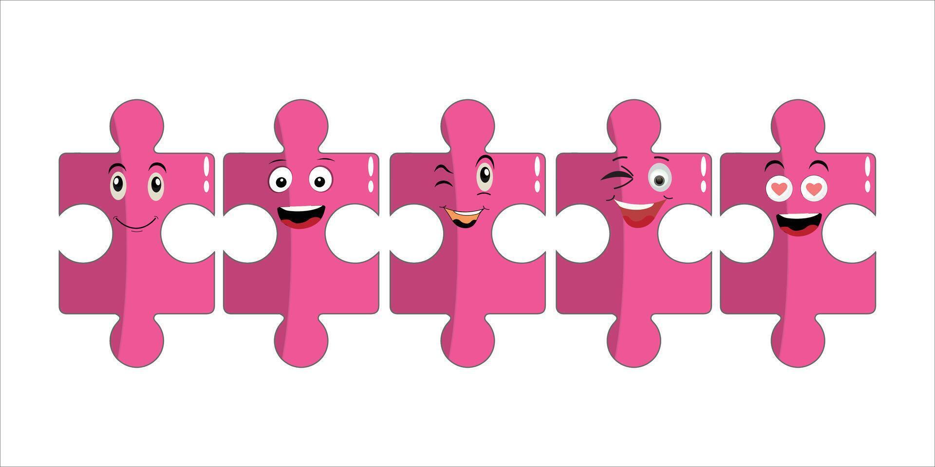 Puzzles faces. Funny bright puzzle pieces characters cute smile or angry face emotion, jigsaw emoji join friends creative shape cartoon mascot concept vector illustration of puzzle expression funny