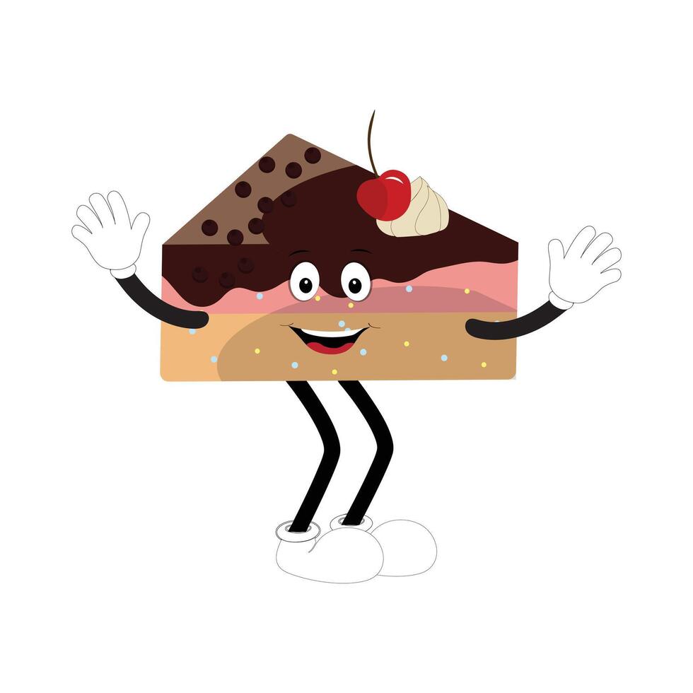 Groovy cake sliced cartoon mascot character with smile. Funny retro birthday cake slice in sneakers, confectionery mascot, Graphic element for website vector