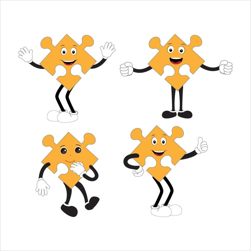 Puzzles faces. Funny bright puzzle pieces characters cute smile or angry face emotion, jigsaw emoji join friends creative shape cartoon mascot concept vector illustration of puzzle expression funny