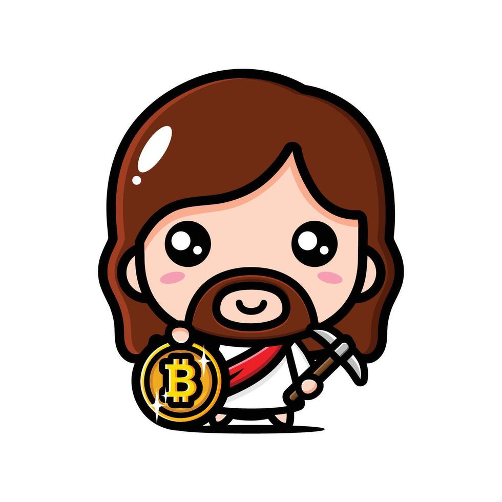 cute jesus holding bitcoin coins vector