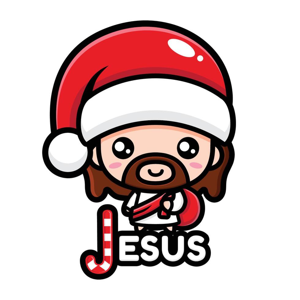 cute jesus wearing santa hat vector