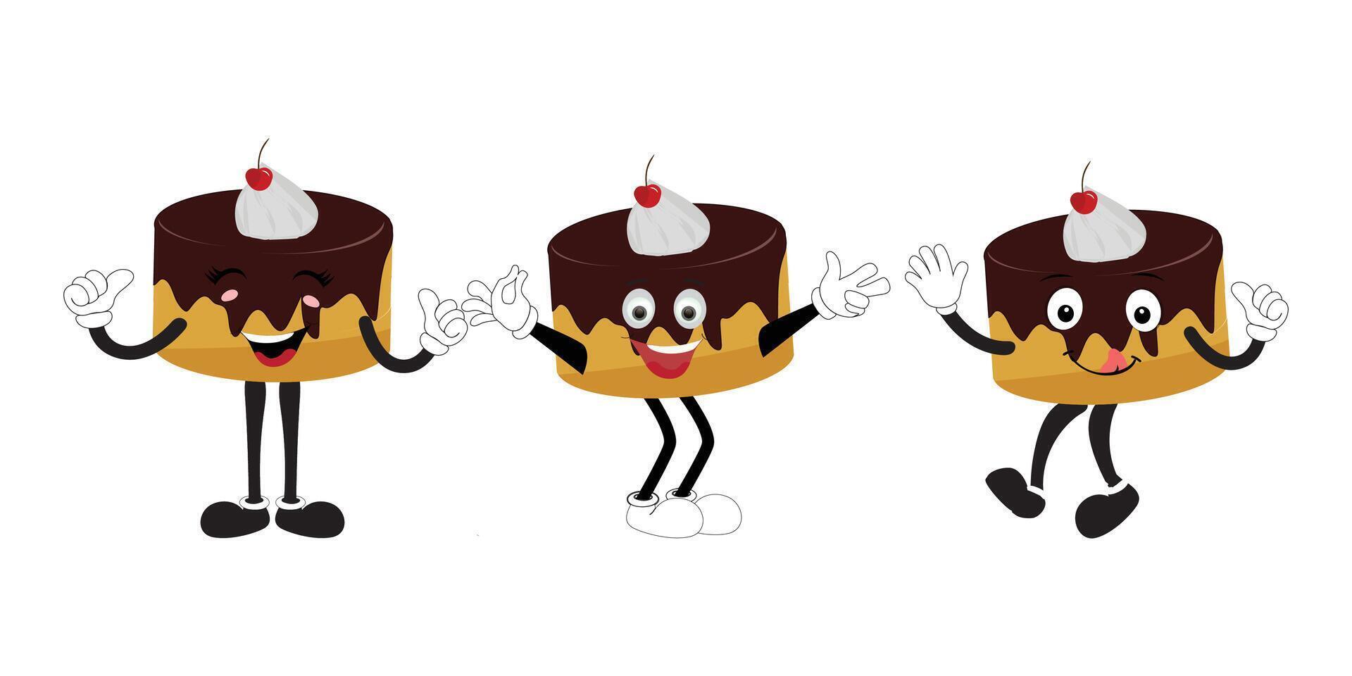 maravilloso pastel rebanado dibujos animados mascota personaje con sonrisa. gracioso retro cumpleaños pastel rebanada en zapatillas, confitería mascota, gráfico elemento para sitio web vector