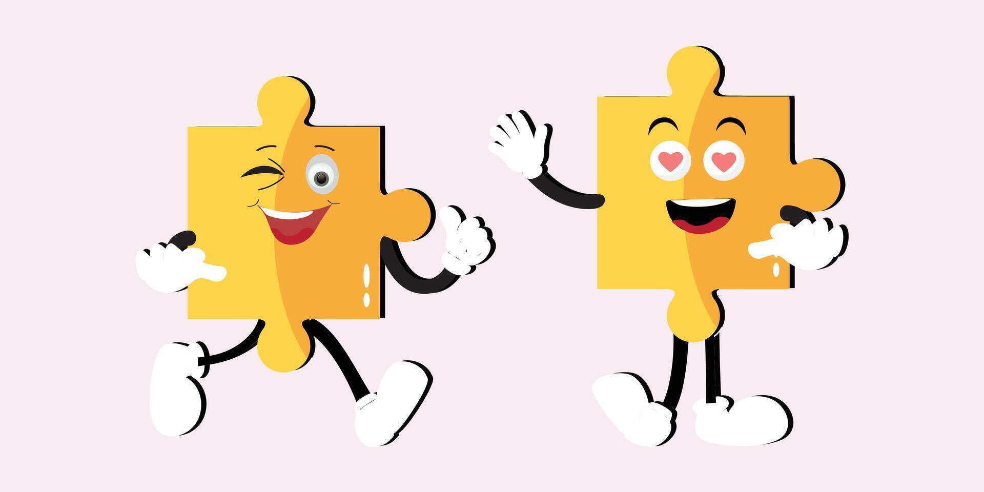 Puzzles faces. Funny bright puzzle pieces characters cute smile or angry face emotion, jigsaw emoji join friends creative shape cartoon mascot concept vector illustration of puzzle expression funny