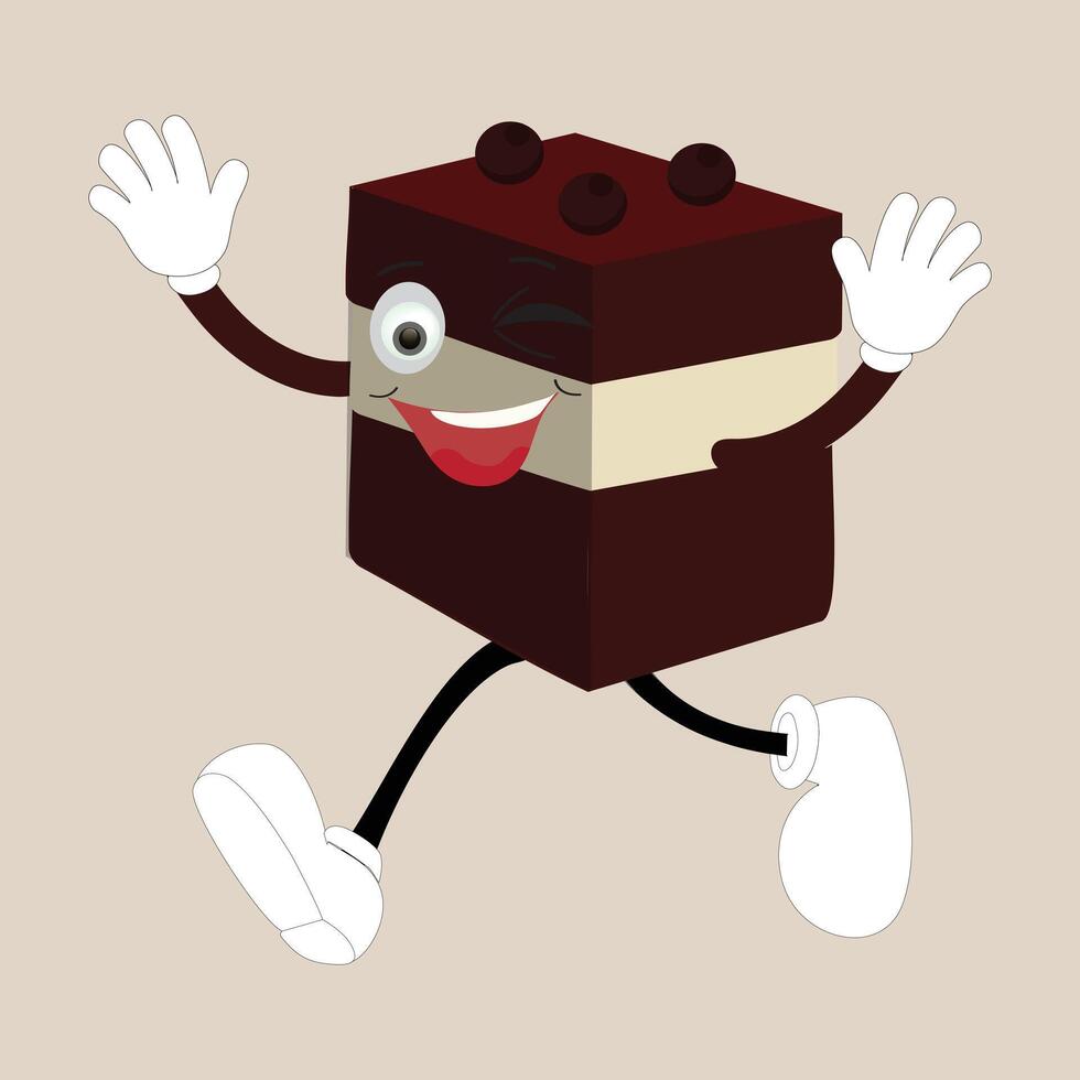 Groovy cake sliced cartoon mascot character with smile. Funny retro birthday cake slice in sneakers, confectionery mascot, Graphic element for website vector