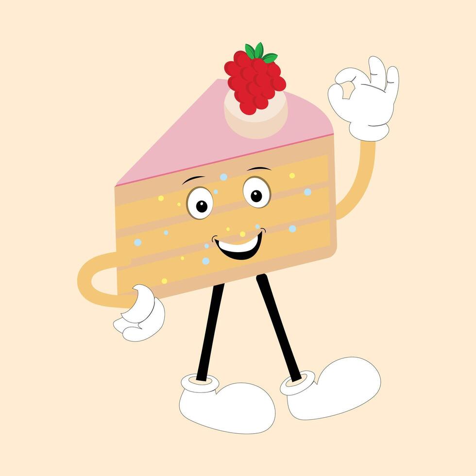 Groovy cake sliced cartoon mascot character with smile. Funny retro birthday cake slice in sneakers, confectionery mascot, Graphic element for website vector