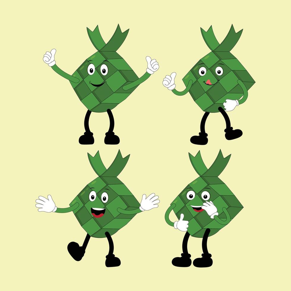 ketupat mascota personaje ilustración en Clásico estilo con brazos y piernas con un variedad de emociones y comportamiento, genial recurso para icono, símbolo, logo, pegatina, pancarta. eps 10 vector