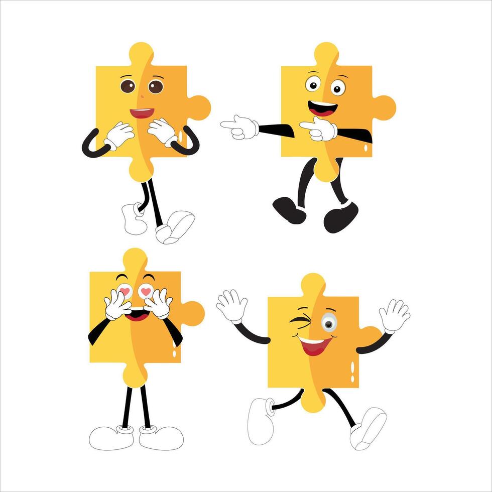 Puzzles faces. Funny bright puzzle pieces characters cute smile or angry face emotion, jigsaw emoji join friends creative shape cartoon mascot concept vector illustration of puzzle expression funny