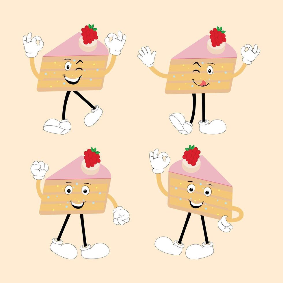Groovy cake sliced cartoon mascot character with smile. Funny retro birthday cake slice in sneakers, confectionery mascot, Graphic element for website vector