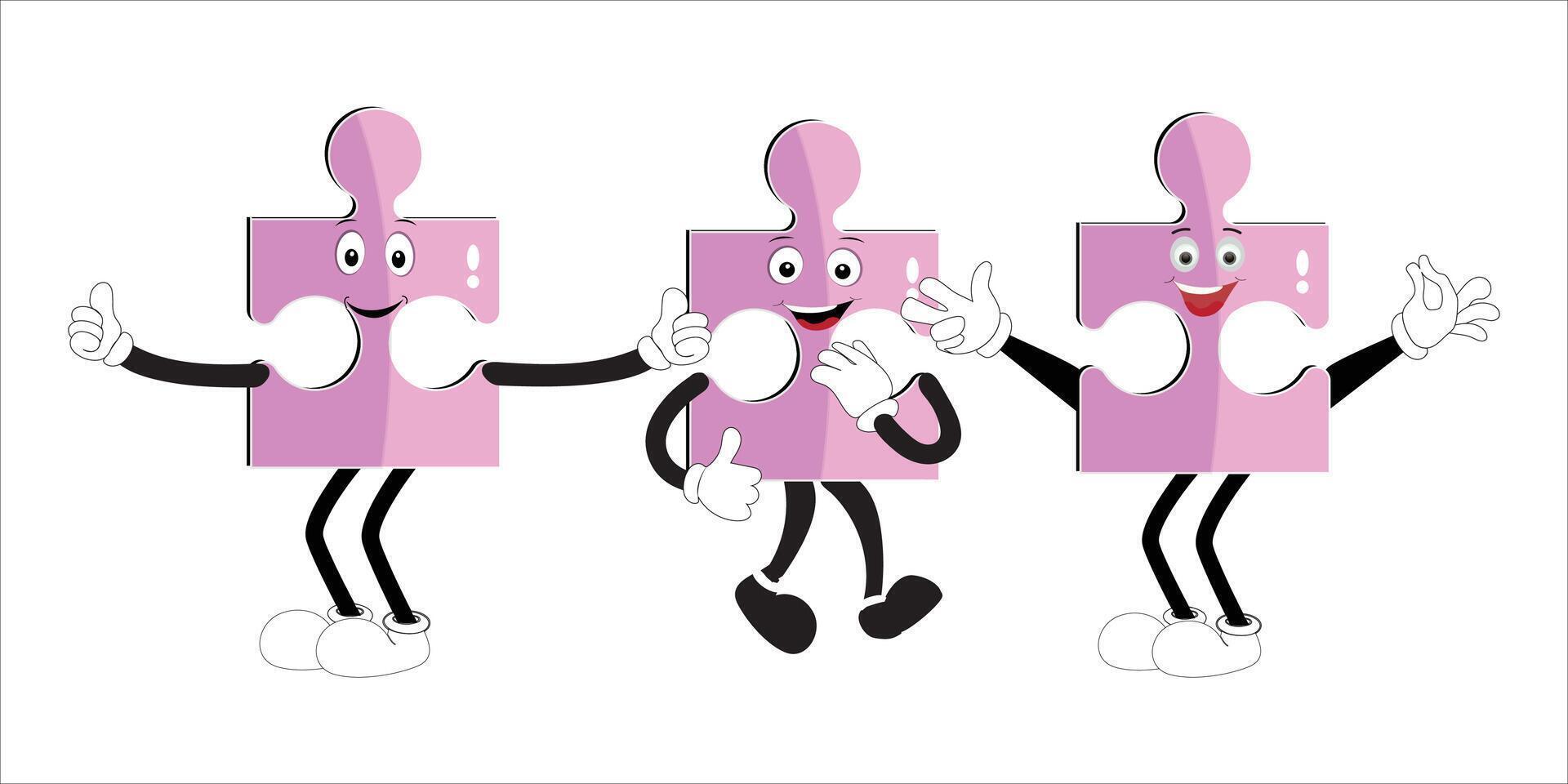 Puzzles faces. Funny bright puzzle pieces characters cute smile or angry face emotion, jigsaw emoji join friends creative shape cartoon mascot concept vector illustration of puzzle expression funny