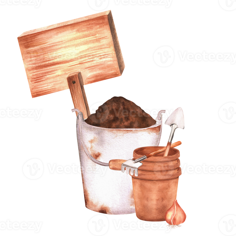 Hand-drawn watercolor illustration. Rusty metallic garden bucket full of soil, flowerpots with garden tools - rakes and shovels and wooden tablet png