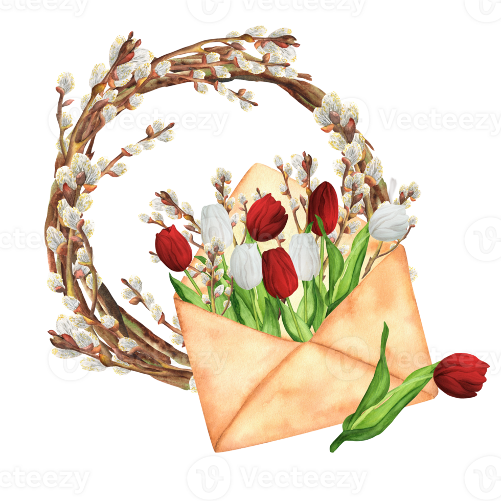 Hand-drawn watercolor illustration. Beautiful spring wreath with willow branches and floral bouquet with red and white tulips, willow branches in vintage envelope png