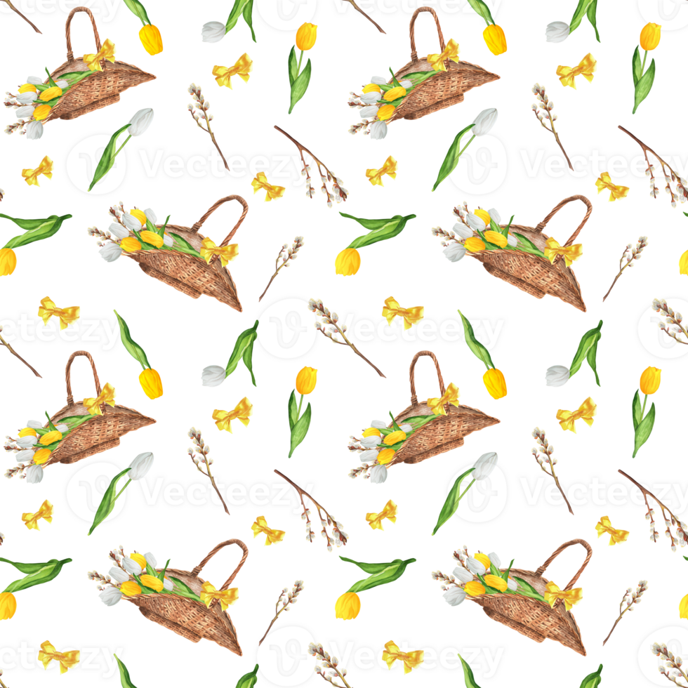 Hand-drawn watercolor illustration. Seamless Provence pattern with wicker basket with white and yellow tulips, pussy-willow branches, yellow bows png