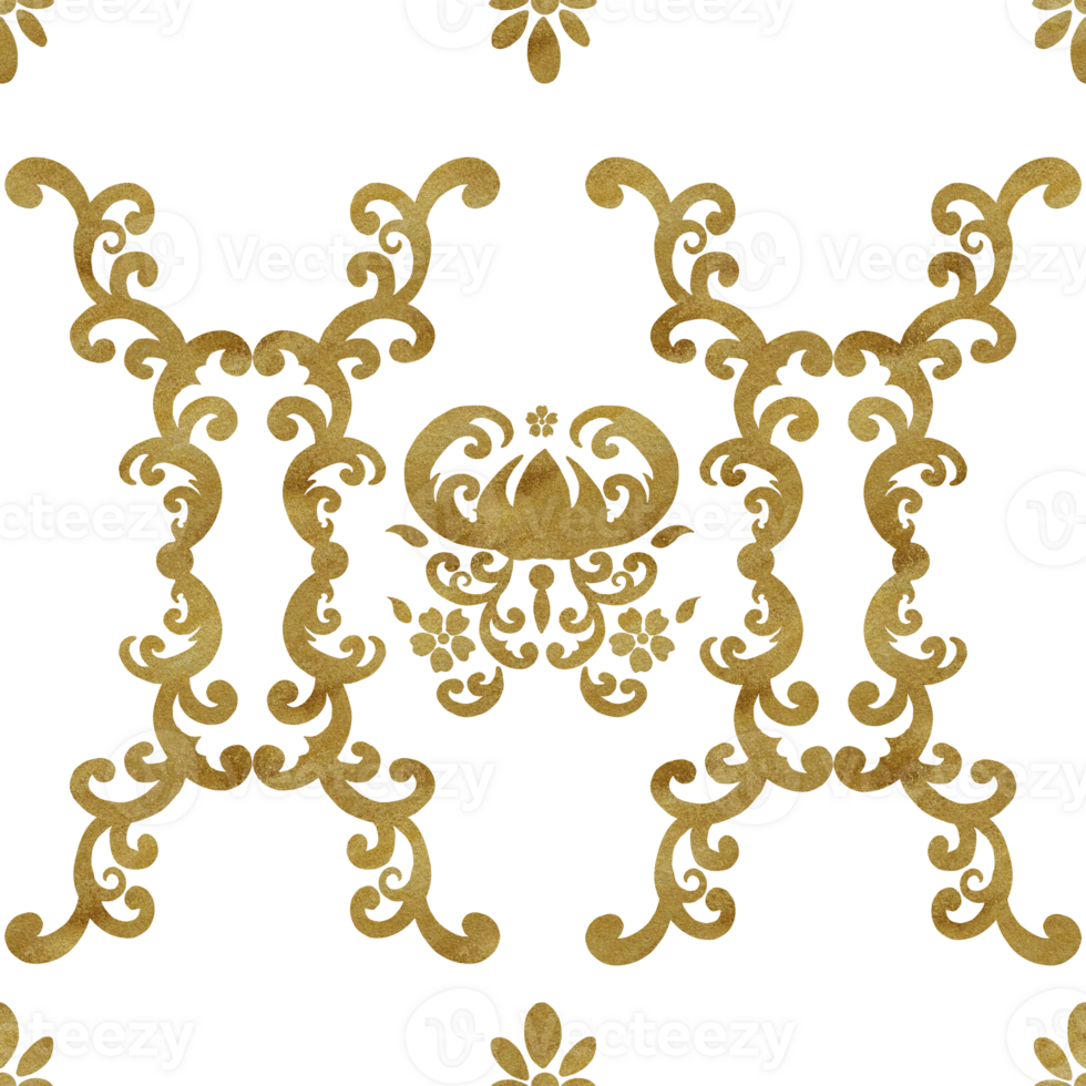 Hand-drawn watercolor illustration. Seamless damask pattern with golden texture. Can be used for textile, printing or other design. Floral pattern. png