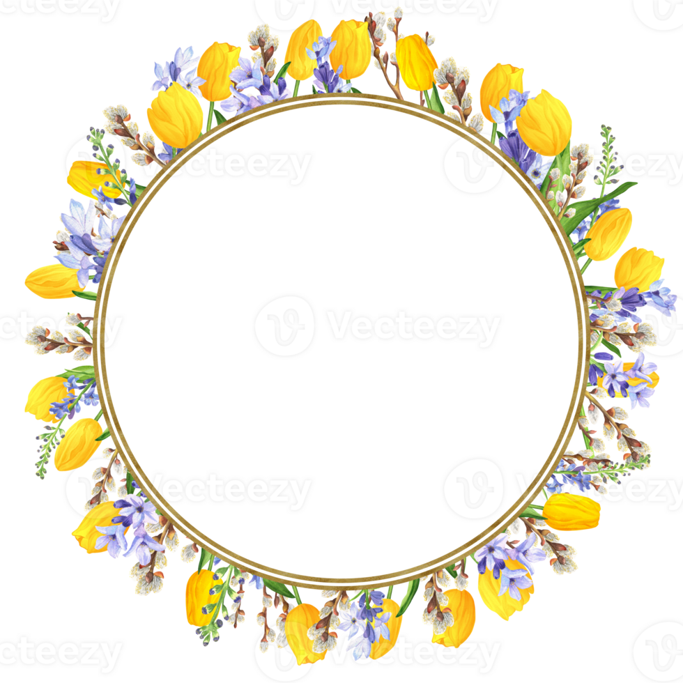 Hand-drawn watercolor illustration. Thin circle double frame with golden texture and spring flowers. Yellow tulips, lavender and pussy-willow branches png