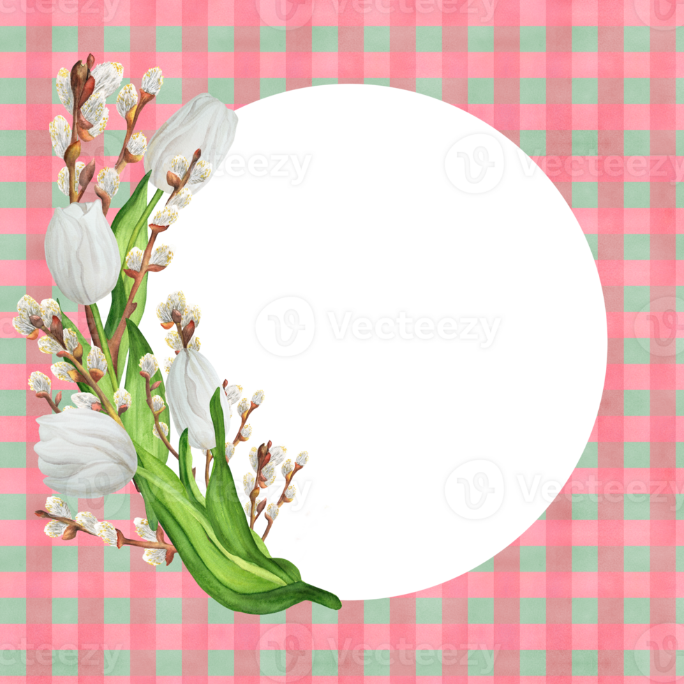 Hand-drawn watercolor illustration. Checkered seamless pattern and floral bouquet with white tulips and willow branches. Square greeting card png