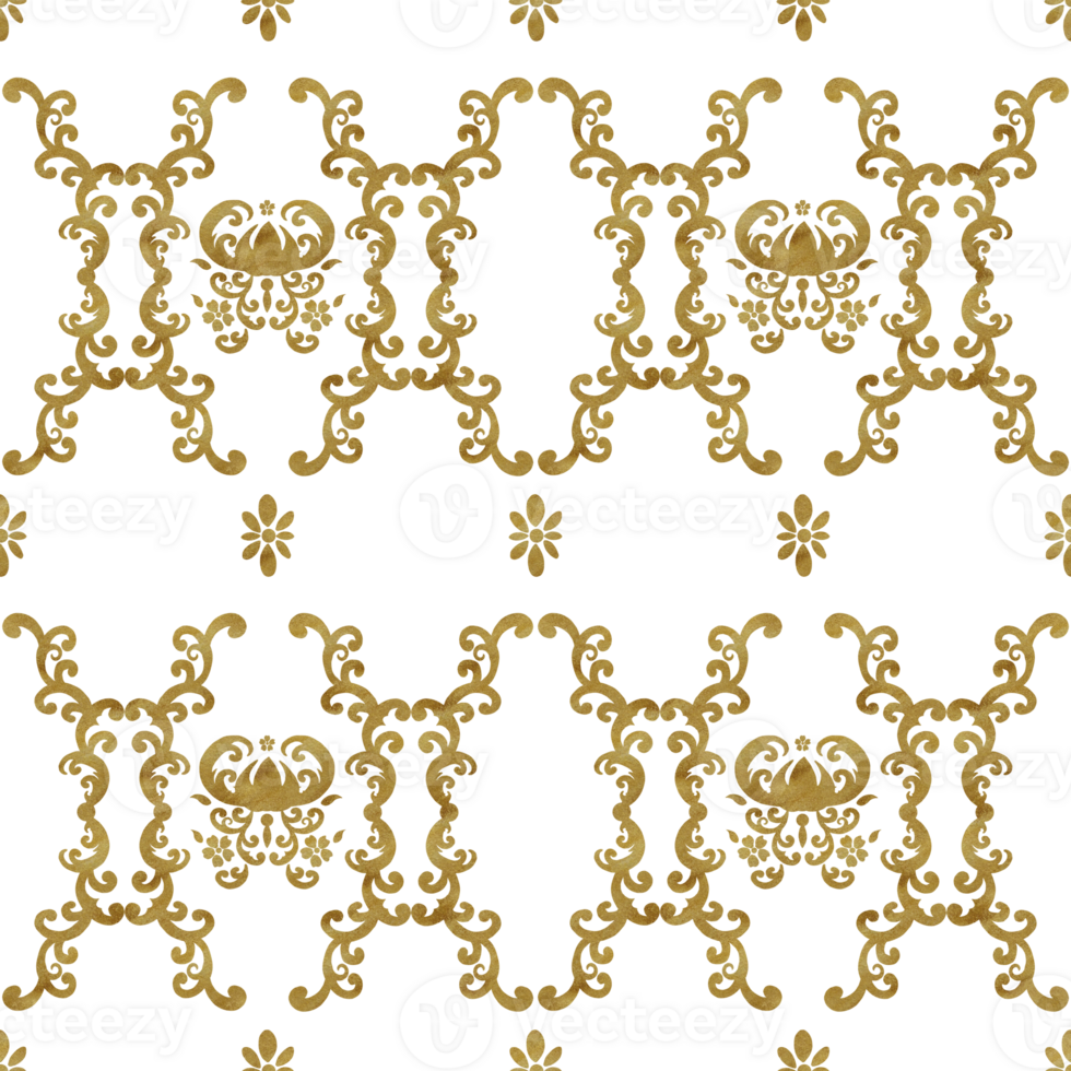 Hand-drawn watercolor illustration. Seamless damask pattern with golden texture. Can be used for textile, printing or other design. Floral pattern png