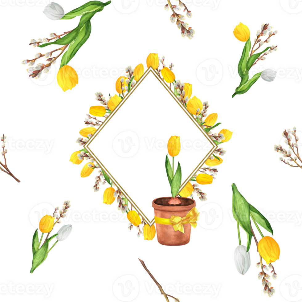 Hand-drawn watercolor illustration. Seamless Provence pattern with floral frames, white and yellow tulips, pussy-willow branches, flowerpots with yellow bows png