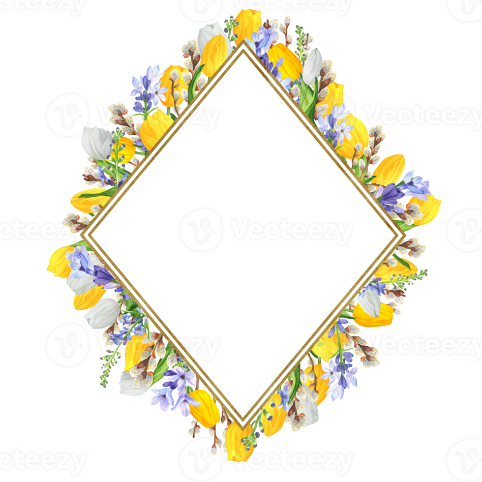 Hand-drawn watercolor illustration. Thin rhombus double frame with golden texture and spring flowers. Yellow and white tulips, lavender and pussy-willow branches png