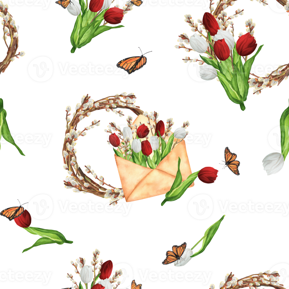 Hand-drawn watercolor illustration. Seamless pattern with floral wreaths, red and white tulips, pussy-willow branches and bouquets in vintage envelopes png