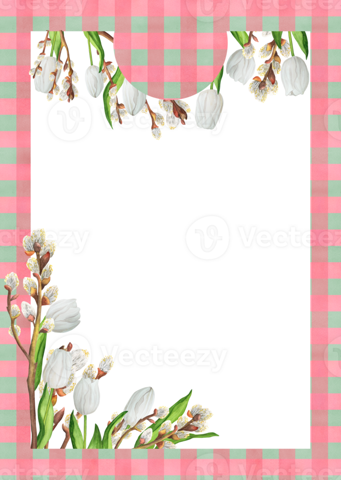 Hand-drawn watercolor illustration. Checkered seamless pattern and floral bouquet with white tulips and willow branches. Rectangular greeting card png