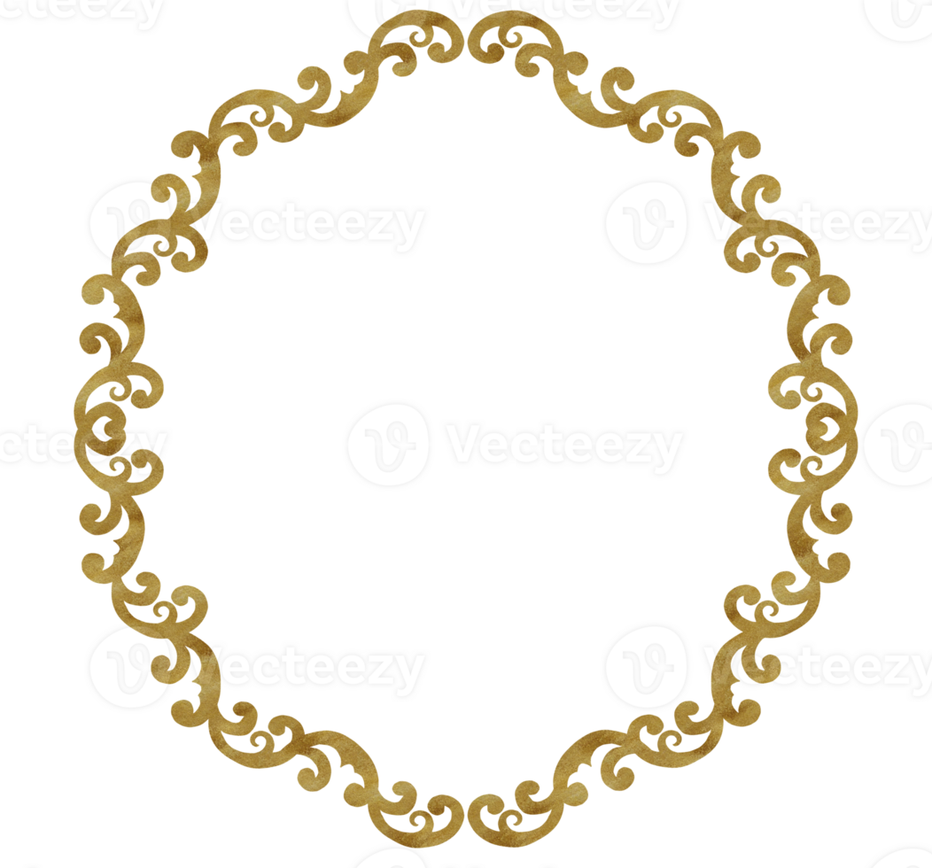 Hand-drawn watercolor round frame with golden texture. Floral design. Can be used for textile, printing or other design. png