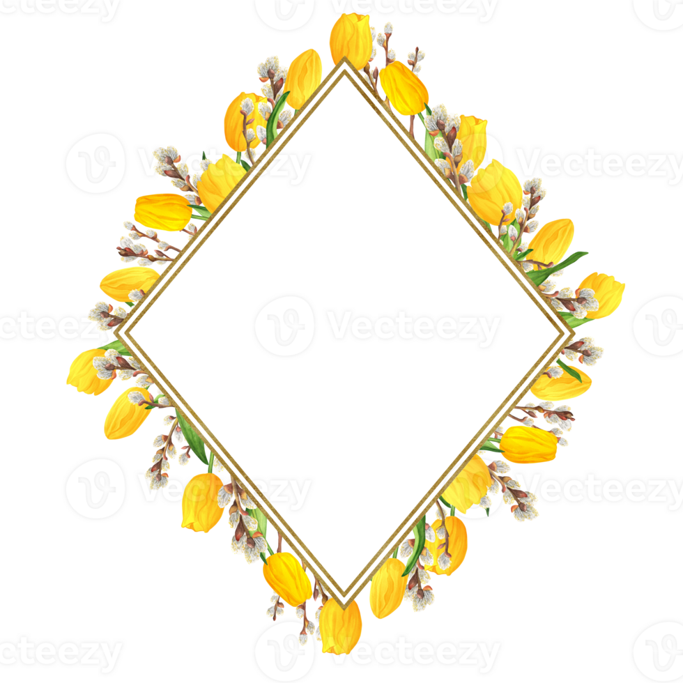 Hand-drawn watercolor illustration. Thin rhombus double frame with golden texture and spring flowers. Yellow tulips and pussy-willow branches png