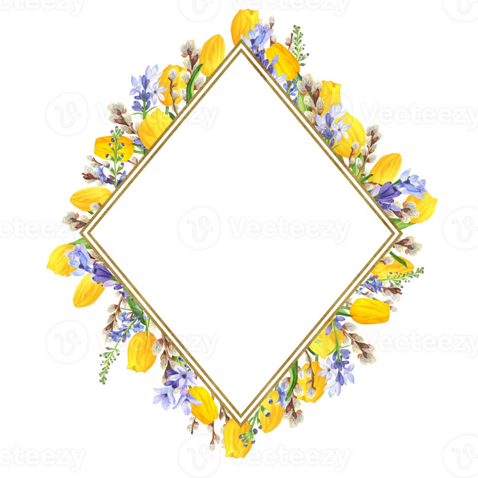 Hand-drawn watercolor illustration. Thin rhombus double frame with golden texture and spring flowers. Yellow tulips, lavender and pussy-willow branches png