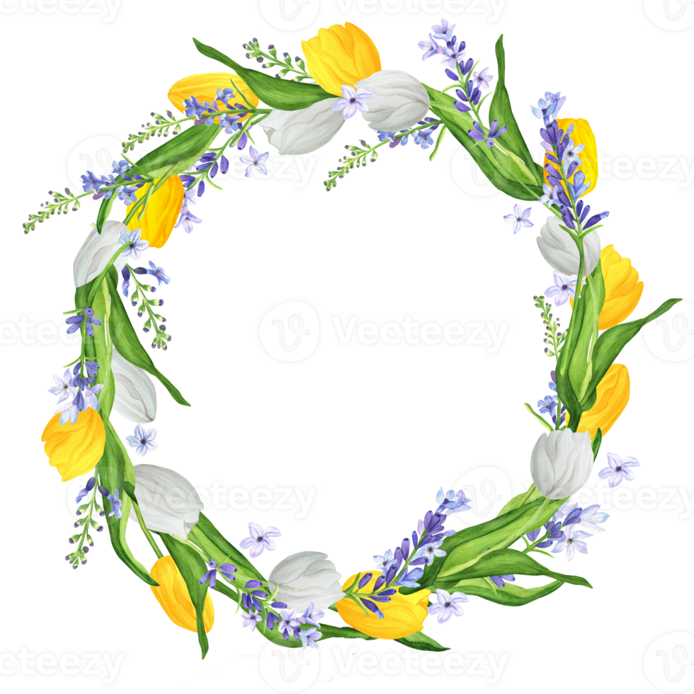 desenhado à mão aguarela ilustração. lindo guirlanda com branco e amarelo tulipas e lavanda png