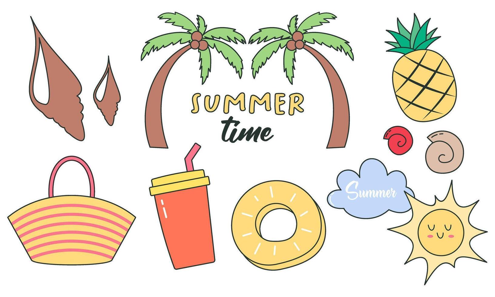 Summer time doodle beach holiday element vector