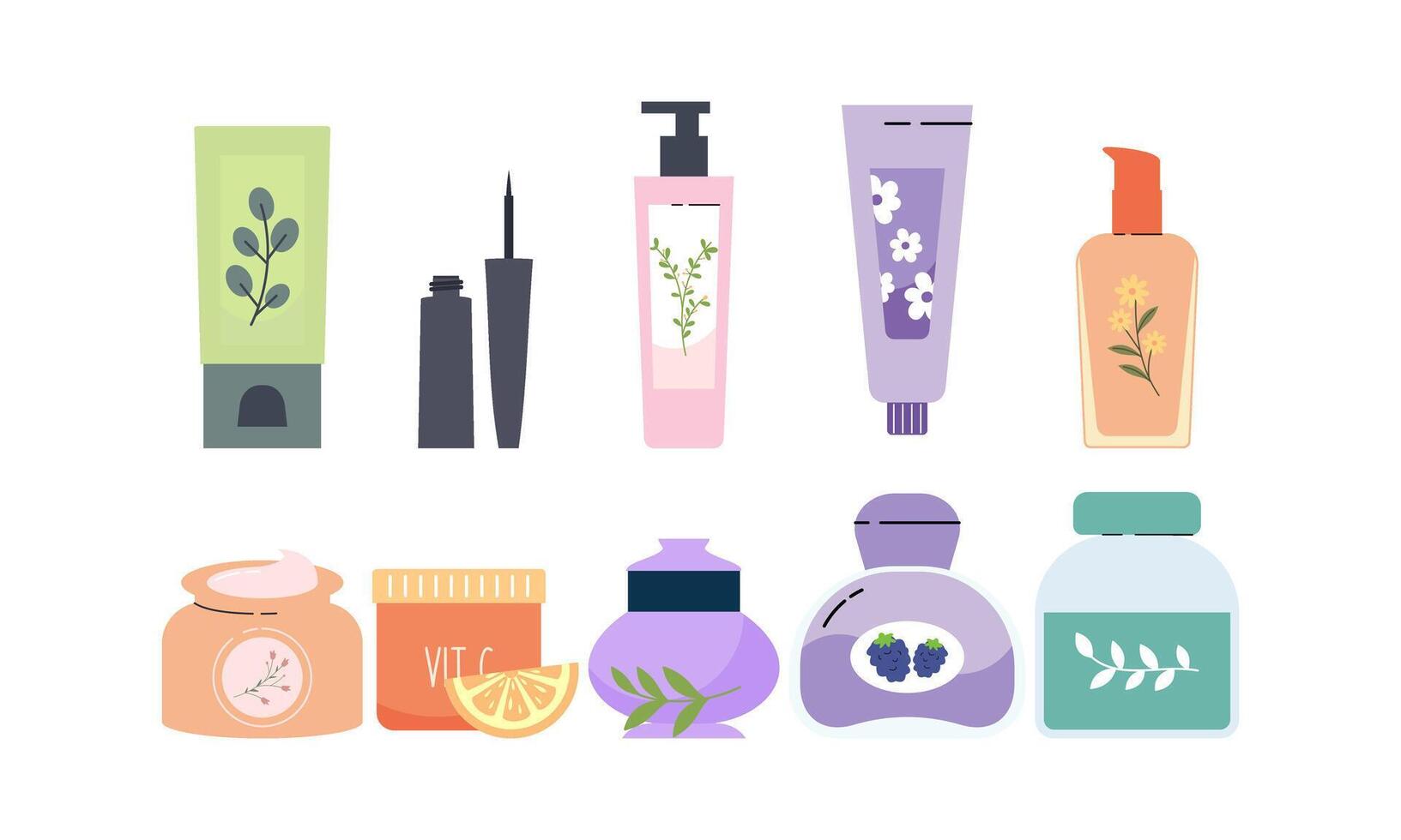 natural orgánico productos cosméticos para piel en vistoso botellas, tubos, frascos vector plano ilustración